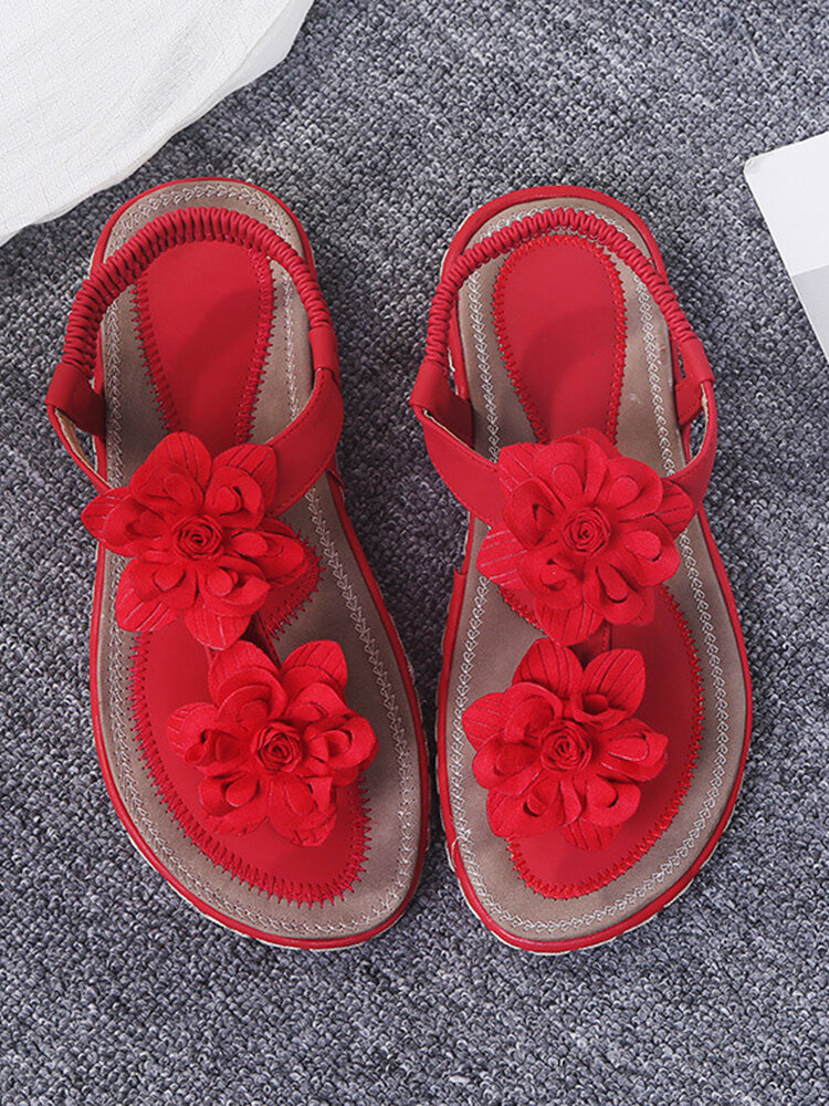 Plus Size Women Holiday Beach Flowers Soft Sole Clip Toe Elastic Band Flat Sandals