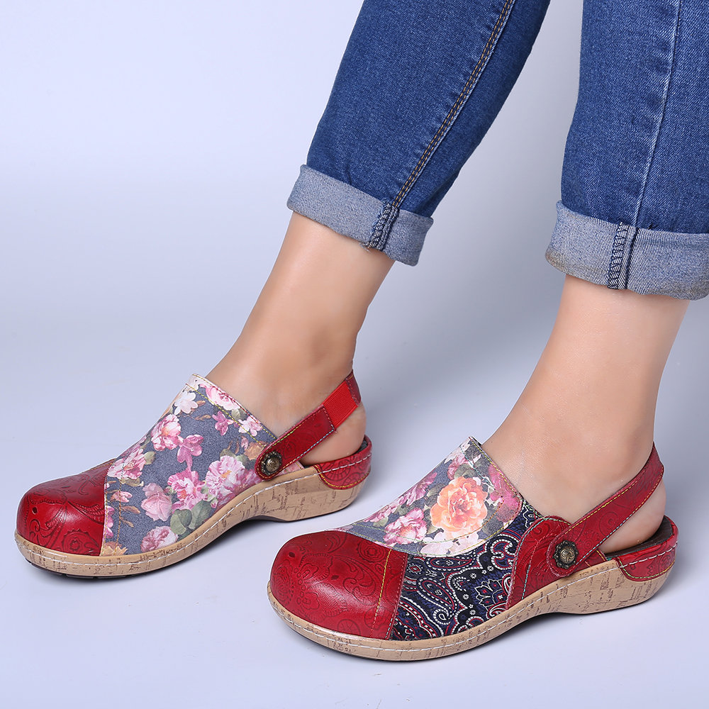 SOCOFY Super Comfy Bloom Flowers Splicing Retro Pattern Stitching Slip On Flat Shoes For Women