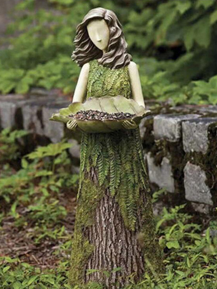 1 PC Forest Girl Stump Type Sherwood Fern Fairy Statuary With Bird Feeder Resin Ornament Outdoor Garden Statue