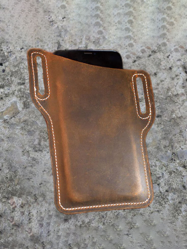 Men EDC Genuine Leather 6.3 Inch Phone Holder Retro Crazy Horseskin Waist Belt Bag