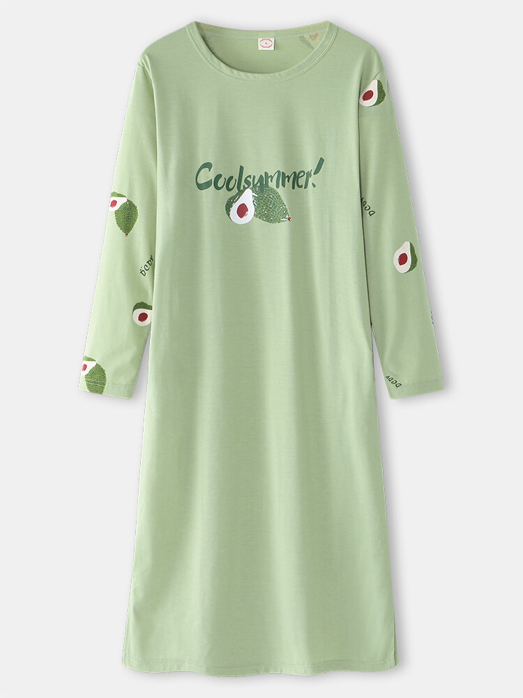 قميص نوم حريمي Plus مطبوع عليه أفوكادو برسومات كرتونية من القطن برقبة دائرية فضفاضة ملابس منزلية مريحة