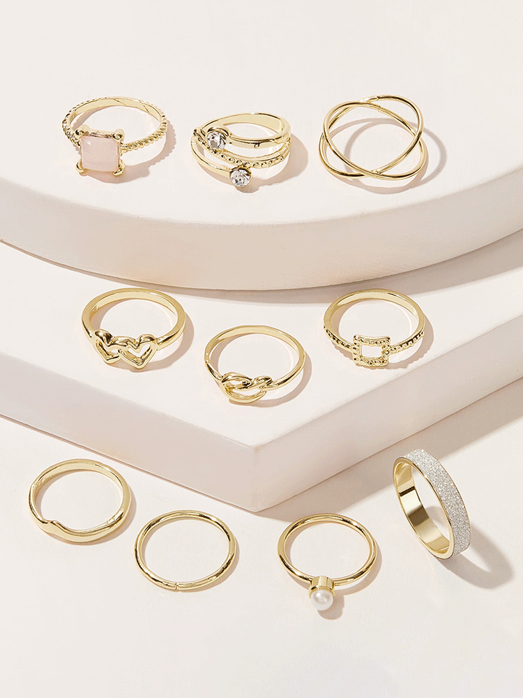 Trendiges 10-teiliges Ring-Set aus Metall mit geometrischen Strasssteinen, Perlen-Knöchel-Ring-Set für Frauen