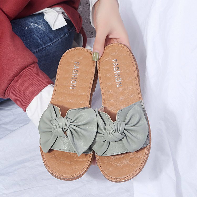 Women Solid Color Bow Decor Flats Chic Slippers