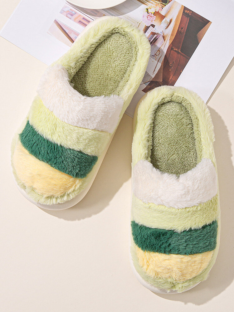 

Striped Pattern Womens Soft Comfy Fuzzy House Slippers, Green;pink;orange