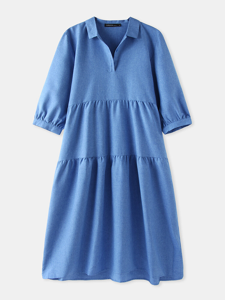 Solid Color Lapel Half Sleeve Plus Size Pleated Dress