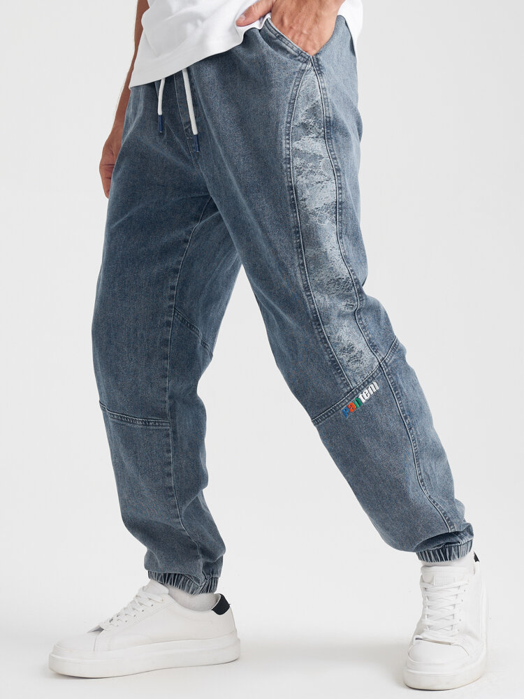 Mens Seam Detail Letter Embroidered Drawstring Waist Street Cuffed Jeans