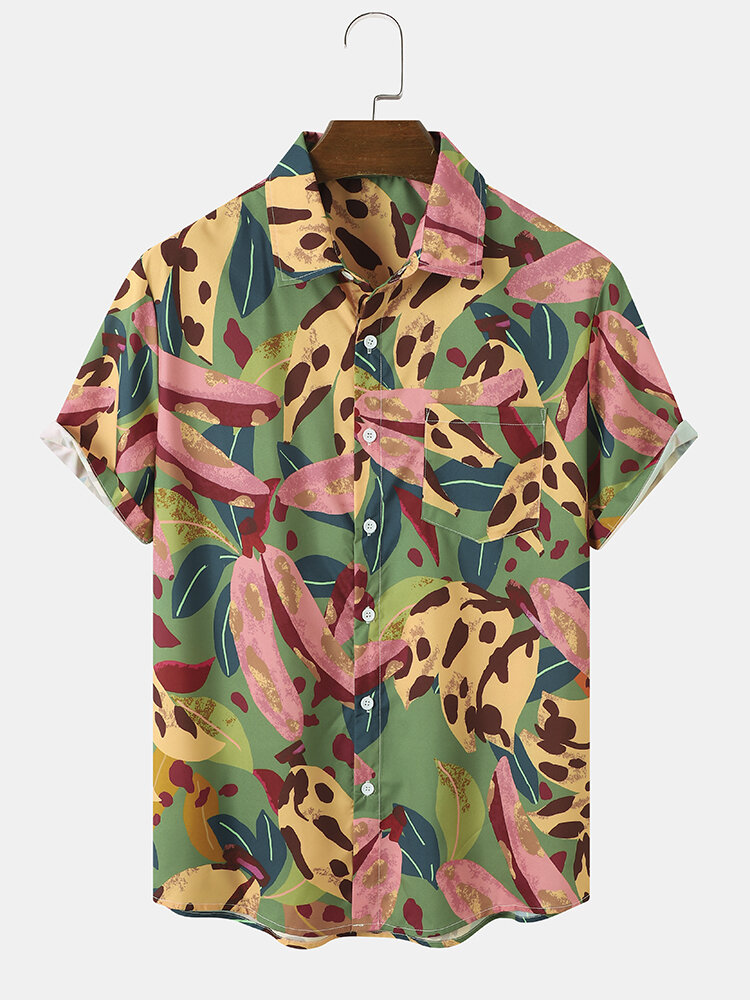 Mens Tropical Leaf Print Chest Pocket Short Sleeve Shirts
