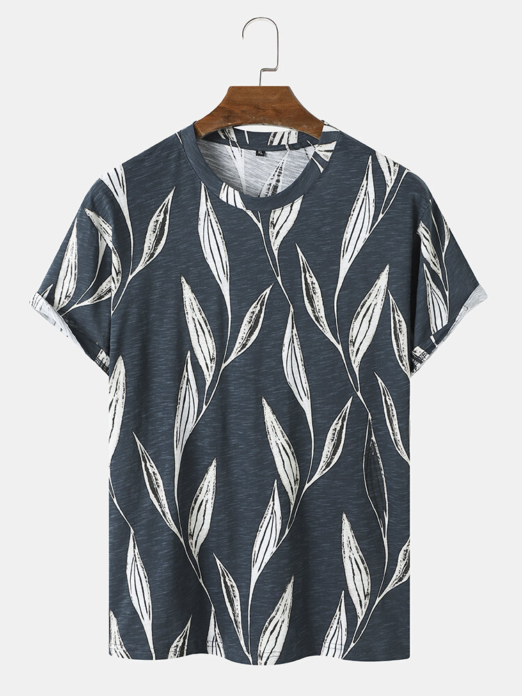 Men 100%Cotton Graphic Leaf Print Hem Cuff O Neck Formal T-Shirts