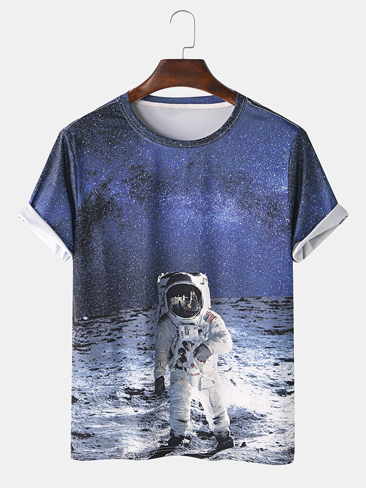 Mens 3D Cartoon Astronaut Printed Home Casual Short Sleeve T-shirt