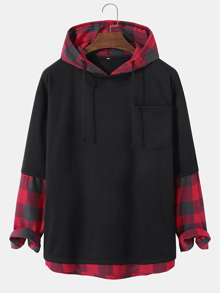 Mens Plaid Stitching 2 In 1 Preppy Overhead Drawstring Hoodies With Pocket