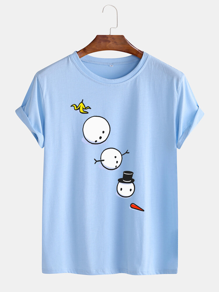 Mens Christmas Cartoon Snowman Print Round Neck Casual Short Sleeve T-Shirts