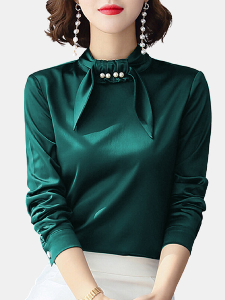 Solid Color Pearl Knotted Collar Long Sleeve Elegant Shirt