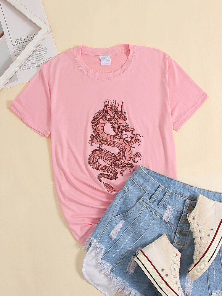 Pink Dragon Graphic Short Sleeve Crew Neck Oversized T-shirt