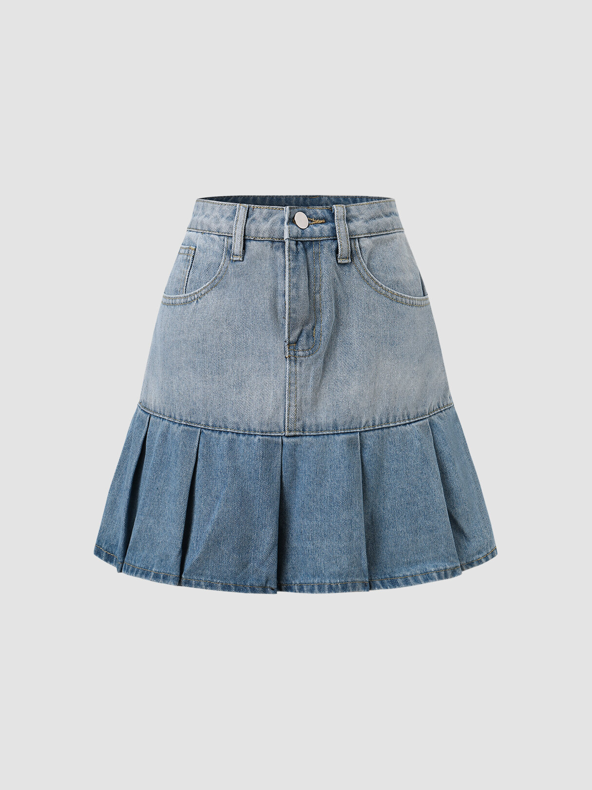 Ombre Pleated Pocket Zip Button High Waist Denim Skirt