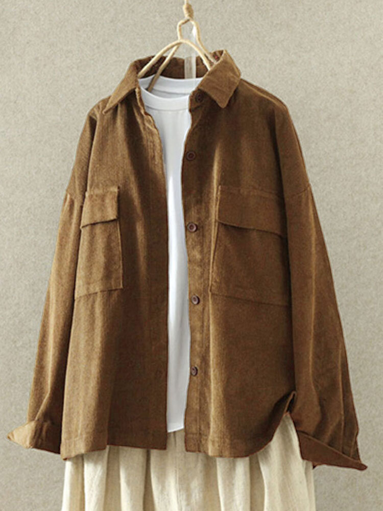 Vintage Corduroy Solid Color Long Sleeve Plus Size Shirt Jacket