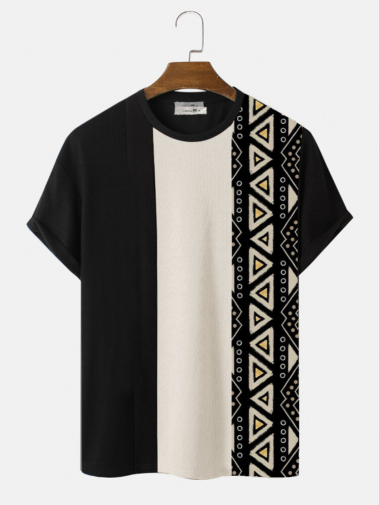 Herren-T-Shirts mit geometrischem Muster, Farbblock-Patchwork-Strick, kurzärmelig