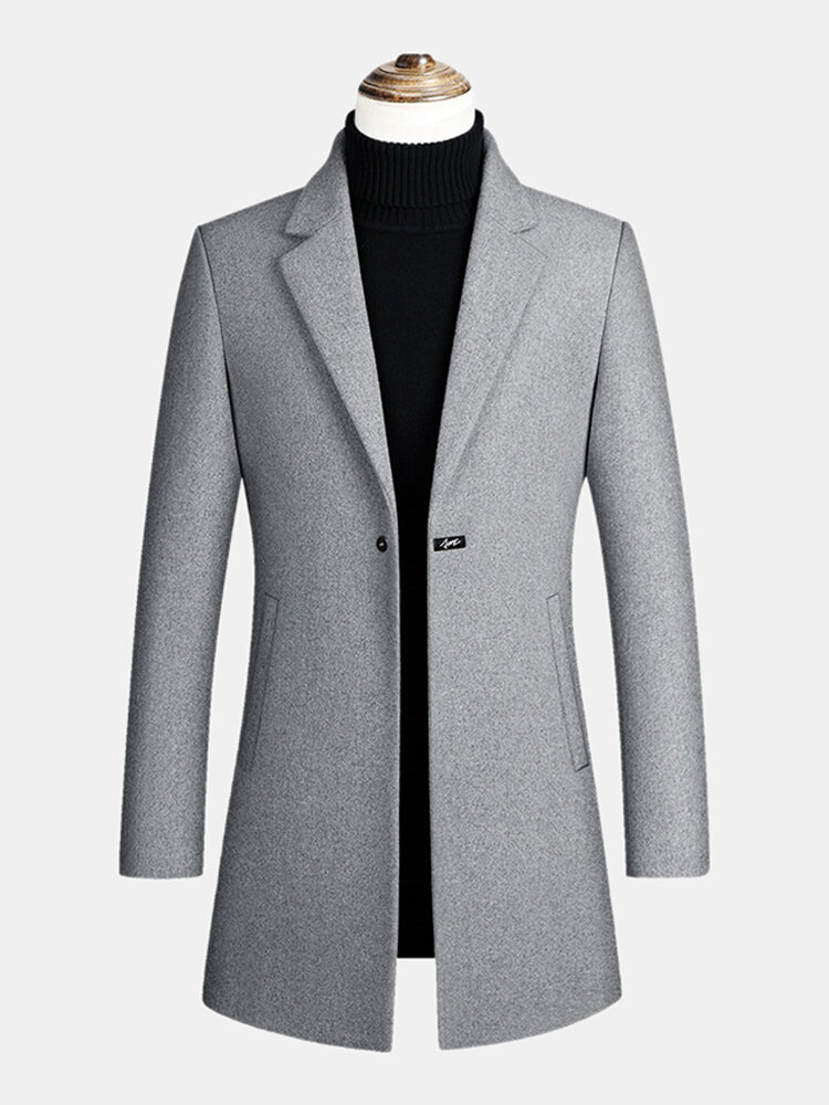 Mens Woolen Lapel Thicken Warm Casual Mid-Length Overcoats With Pockets