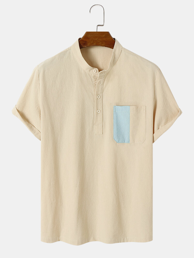 Mens Contrast Chest Pocket Cotton Short Sleeve Henley Shirts