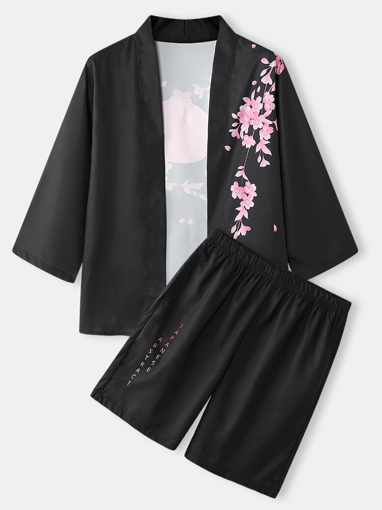 Mens Cherry Blossoms Letter Print Kimono Loose Two Pieces Outfits