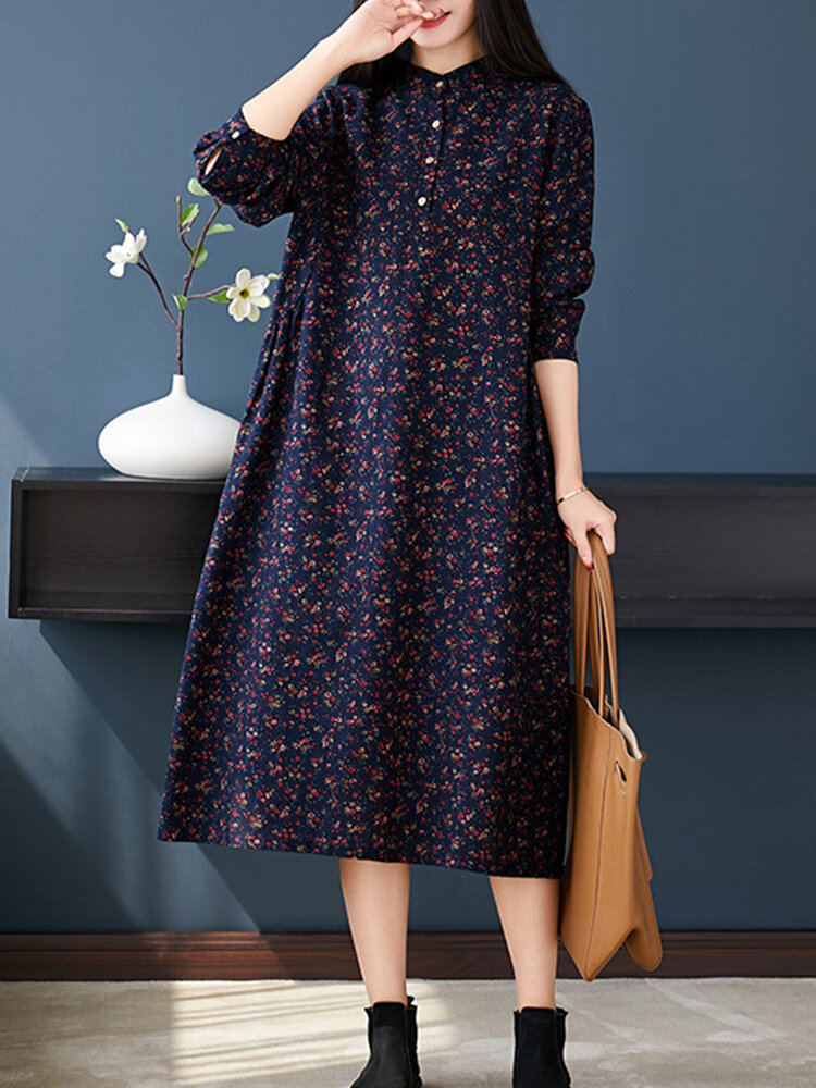 Stand Collar Long Sleeve Floral Print Vintage Dress For Women