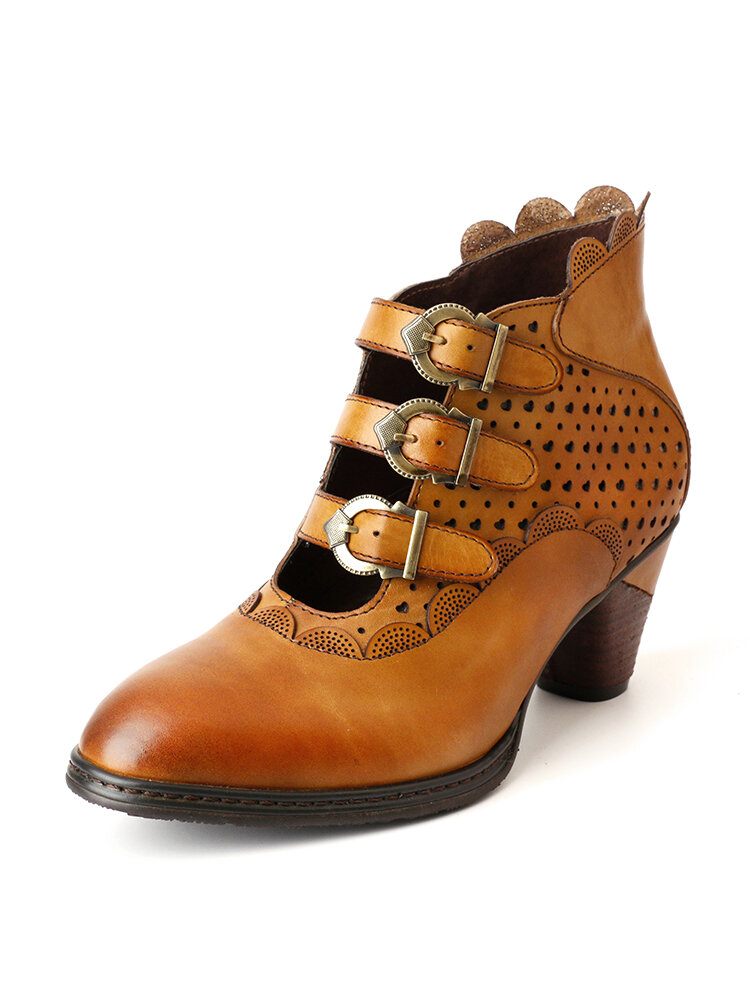 Socofy Retro Ethnic Hollow Design Genuine Leather Hook & Loop Comfy Chunky Heel Short Boots