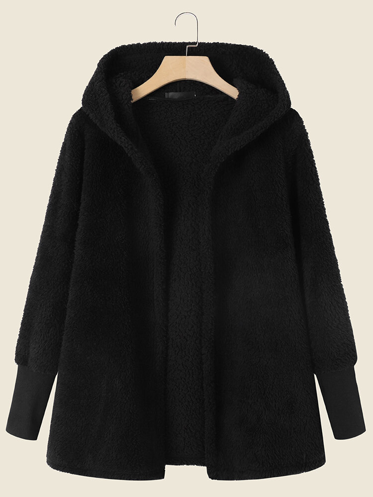 Solid Plush Long Sleeve Hooded Coat For Women