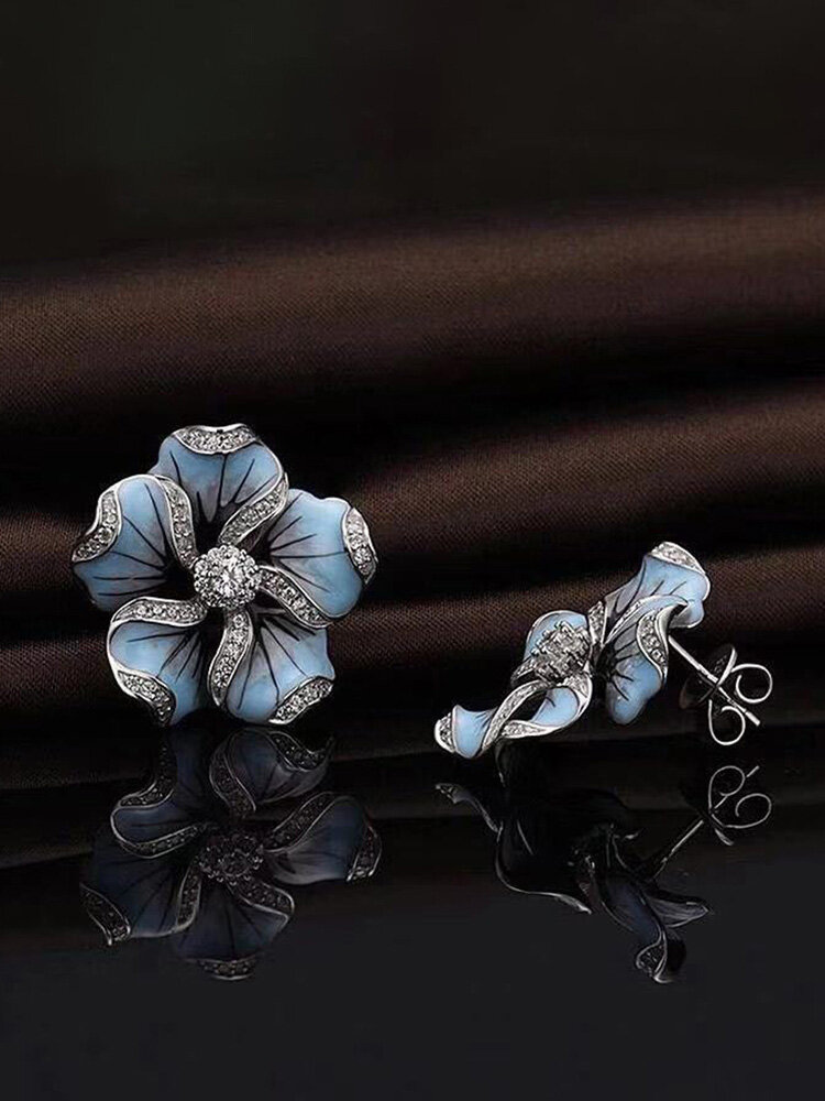 Gradient Blue Epoxy Earrings 925 Silver Plated Zircon Flower Leaf Women Ear Stud