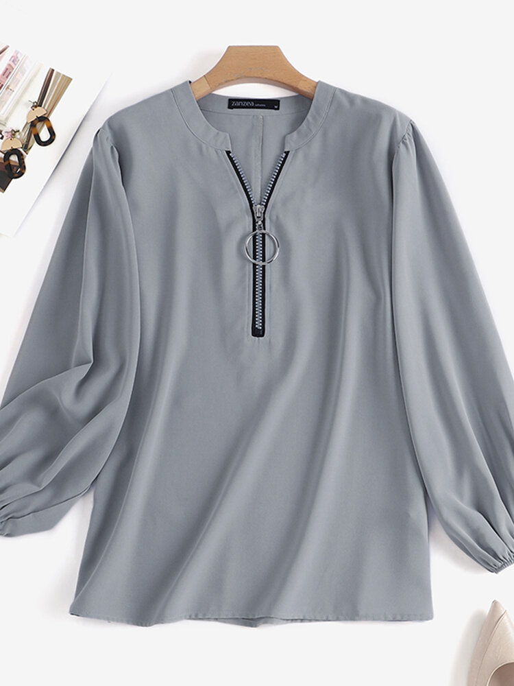 Women Zip Front V-neck Long Sleeve Casual Loose Blouse
