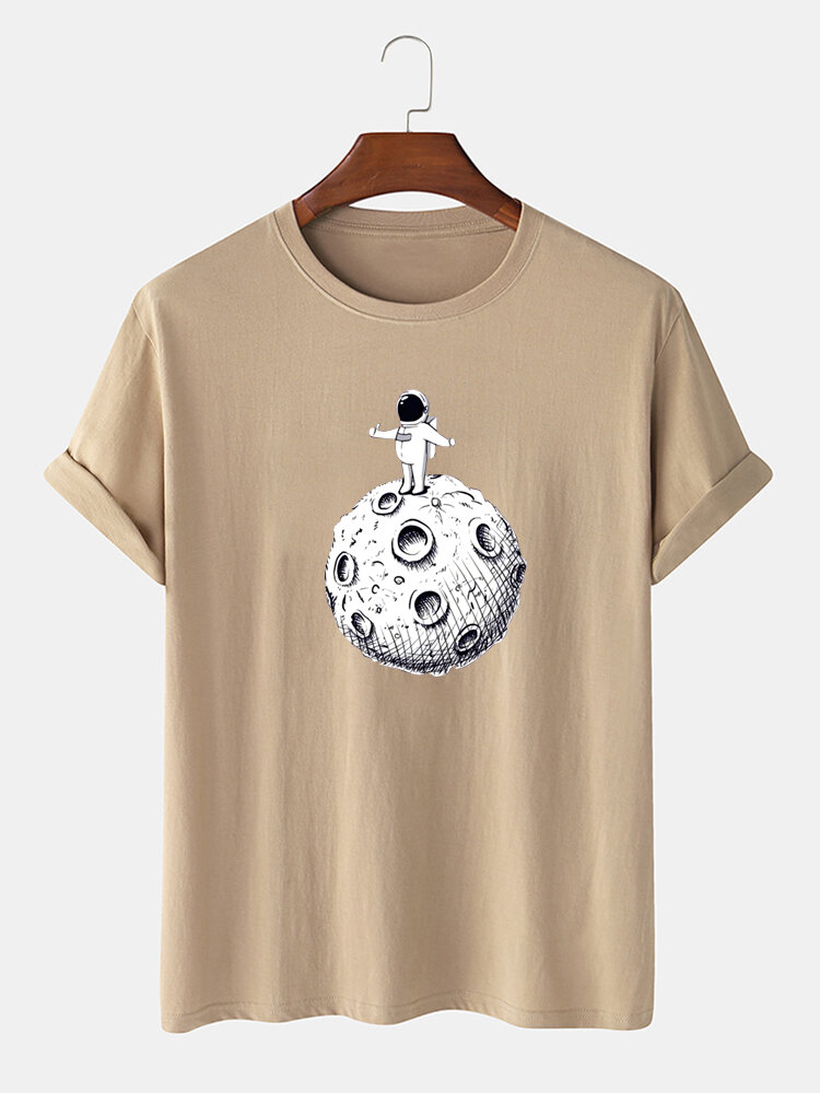 Men 100% Cotton Space Astronaut Printed Casual T-Shirt