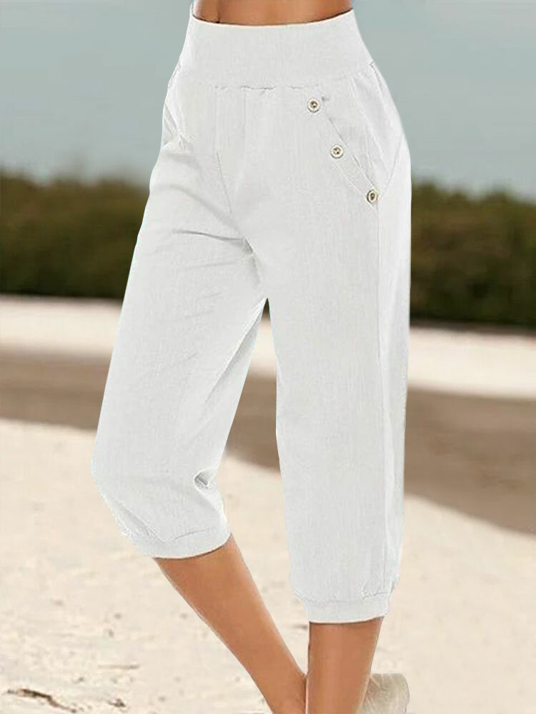 

Women Solid Button Detail Slant Pocket High Waist Cropped Pants, White