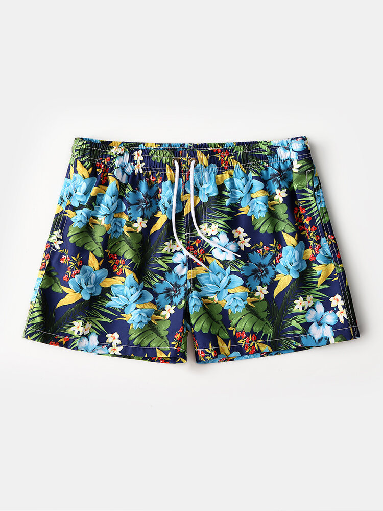 Hawaii Floral Leaves & Lemon Print Swim Shorts Drawstring Pockets Lightweight Board Shorts