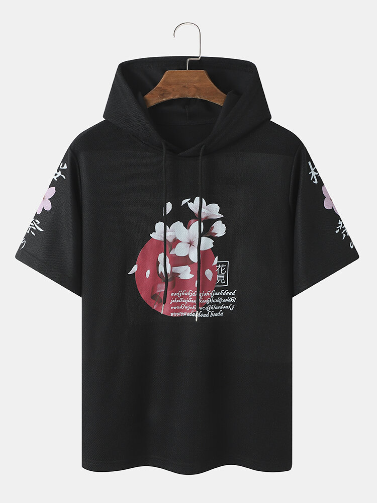 Mens Cherry Blossoms Character Sleeve Print Hooded T-Shirts