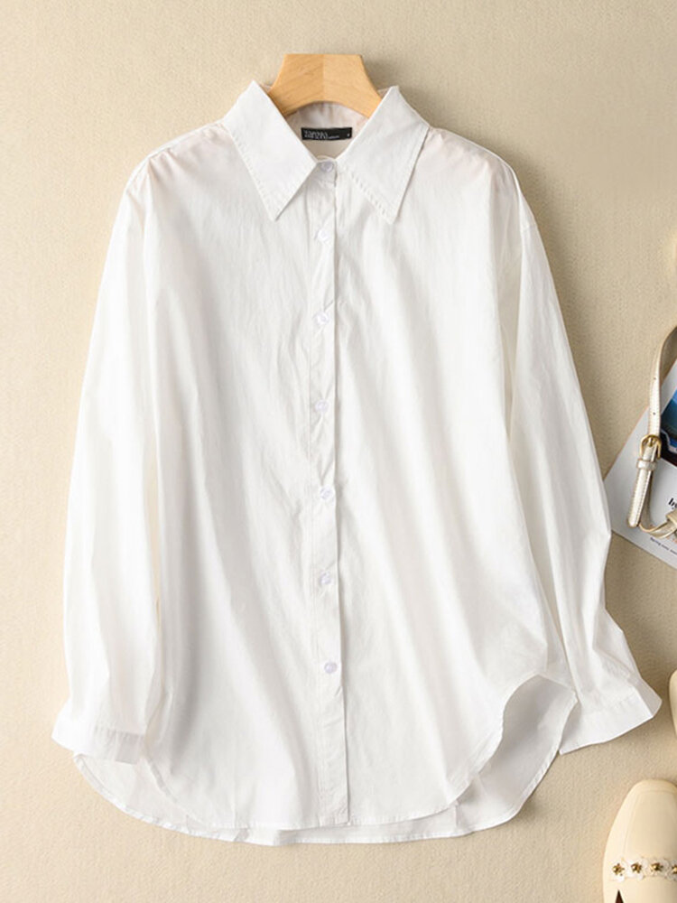 Cotton Solid Lapel Button Front Long Sleeve Loose Shirt