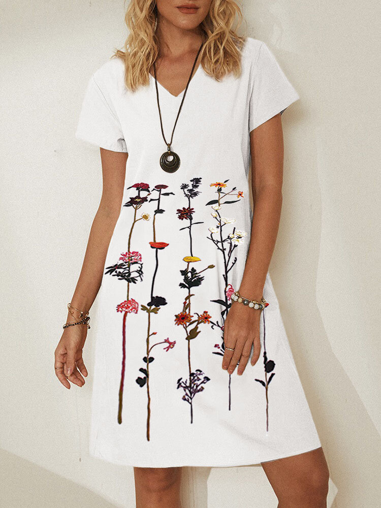 Casual Floral Printed V-neck Short Sleeve Midi Dress