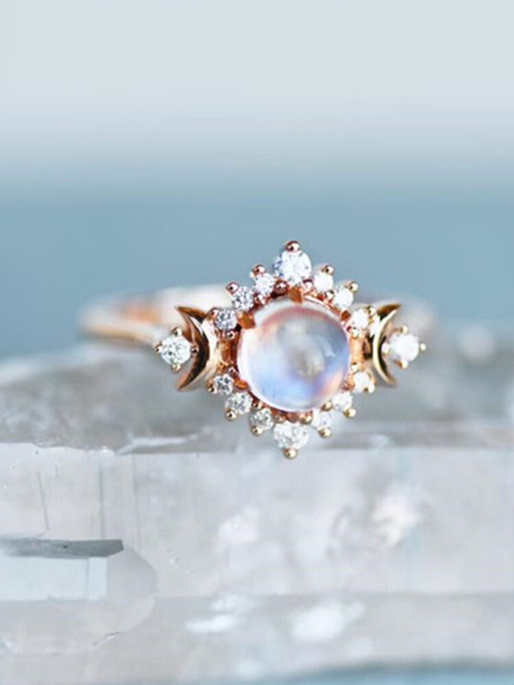 

1 Pcs Vintage Moon Sun Ornament Moonstone Valentine's Day Alloy Rings, Gold;brown