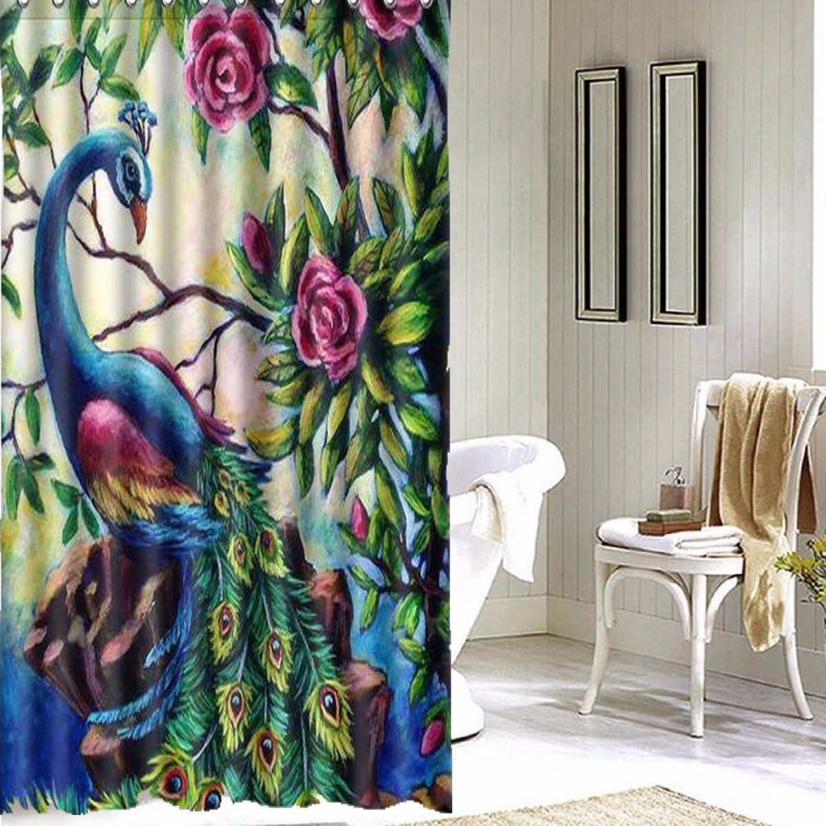 

150x180cm Colorful Flower Peacock Waterproof Bathroom Shower Curtain With 12 Hooks