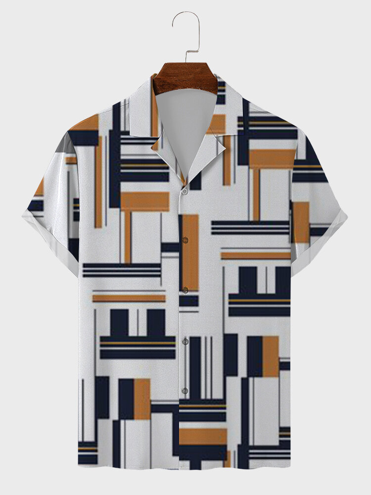 Mens Geometric Print Revere Collar Casual Short Sleeve Shirts