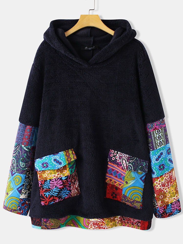 Vintage Ethnic Print Patchwork Plus Size Hoodie with Pockets