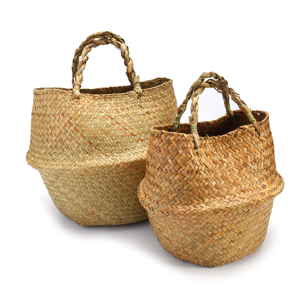 

2Pcs Seagrass Flower Belly Basket Storage Holder Plant Pot Laundry Folding Portable Organizer Bag