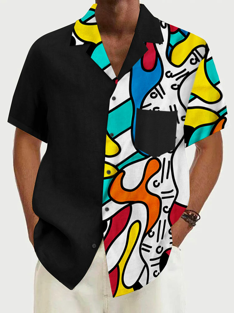 पुरुषों के सार ज्यामितीय प्रिंट पैचवर्क रेवरे कॉलर लघु आस्तीन शर्ट