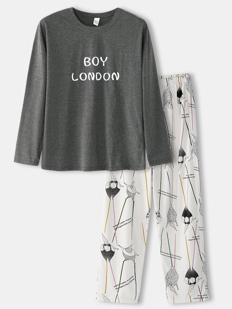 Cute London Boy Print Home Comfy Cotton Two Pieces Long Sleeve Loungewear Sets For Men