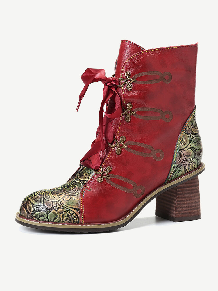 SOCOFY Retro Printed Rose Zipper Ribbon Lace Up High Heel Ankle Boots