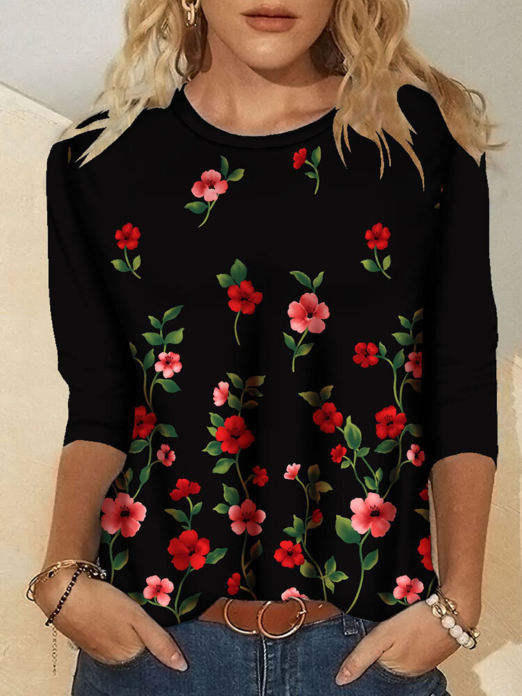Flower Print Long Sleeve O-neck Casual T-shirt for Women