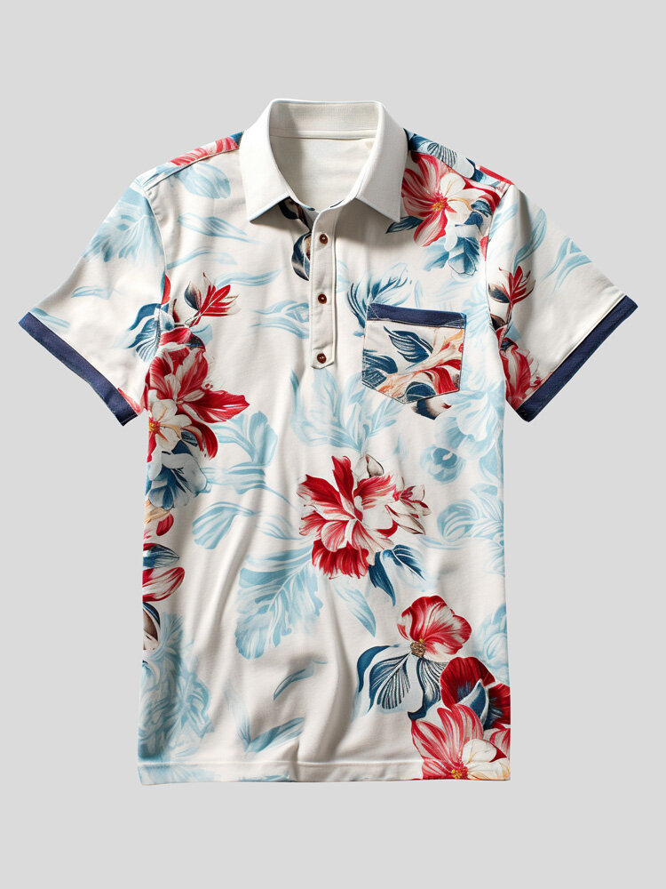 

Mens Tropical Floral Print Hawaiian Vacation Short Sleeve Golf Shirts, White