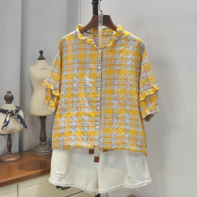 Small Fresh Fashion 19 Seasons New Simple Lattice Stitching Ruffled Casual Short-sleeved Shirt 4400