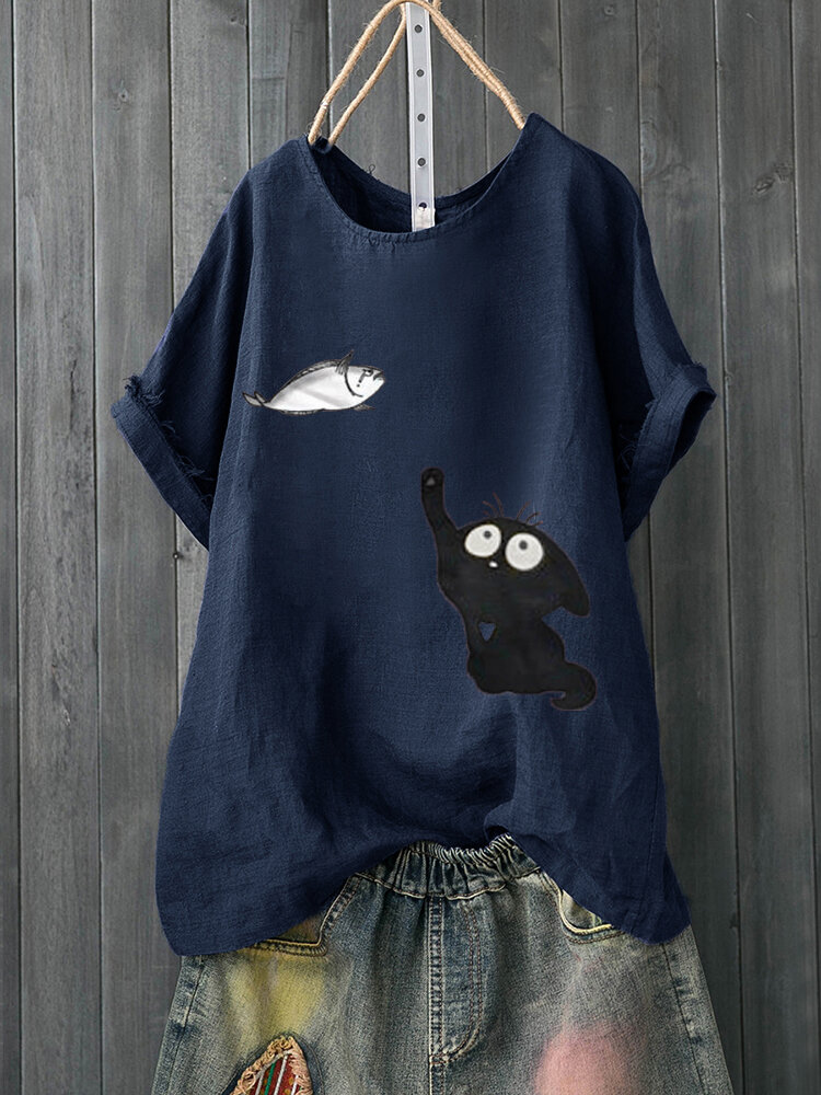 Cartoon Cat Fish Print Short Sleeve Plus Size T-Shirt