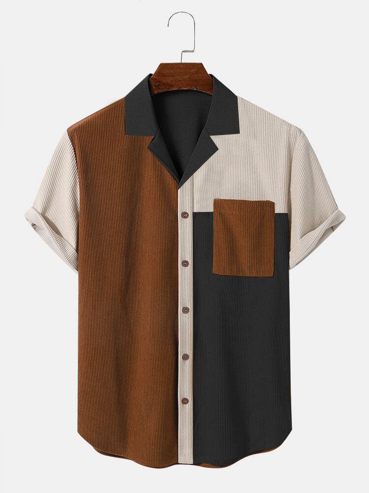 

Mens Color Block Patchwork Revere Collar Corduroy Short Sleeve Shirts, Brown