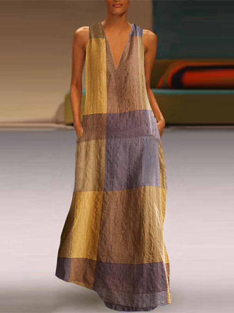 Summer Plaid V-neck Sleeveless Plus Size Maxi Dress