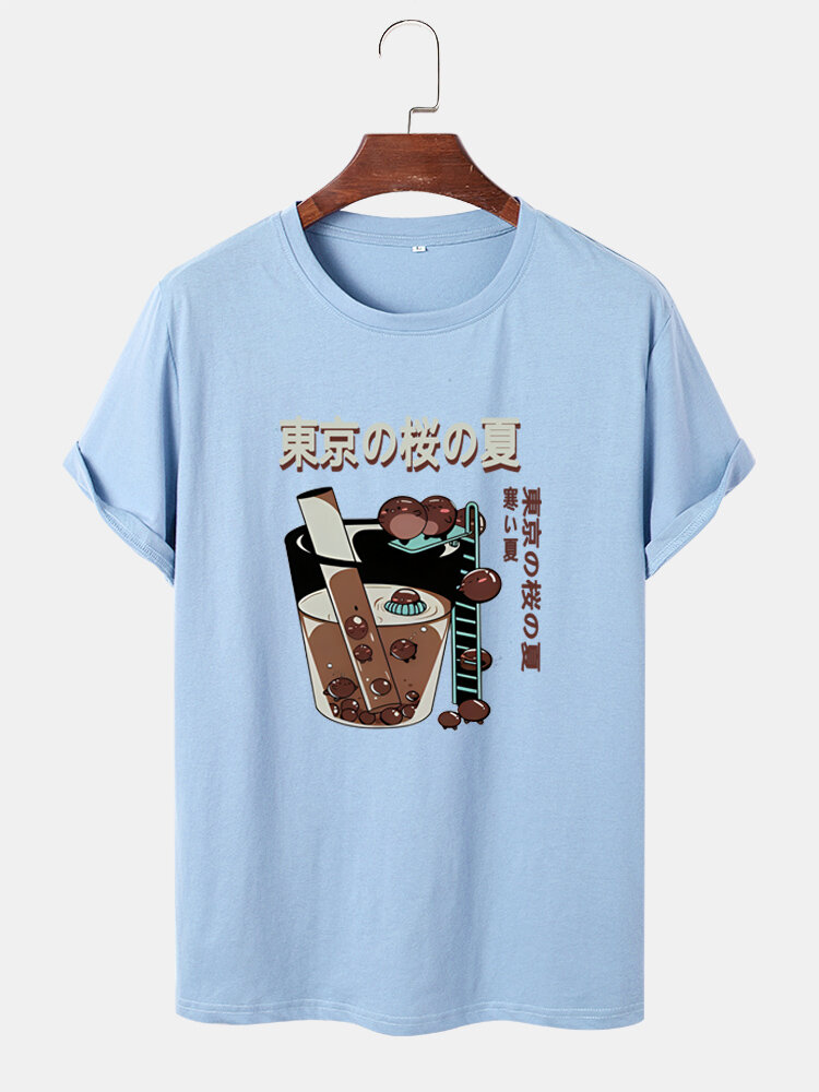 Mens Milk Tea Print Japanese Style Short Sleeve T-Shirts
