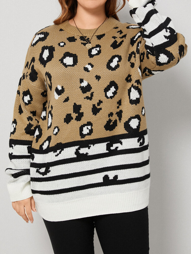 Plus Size Casual Leopard Print O-neck Loose Women Sweater